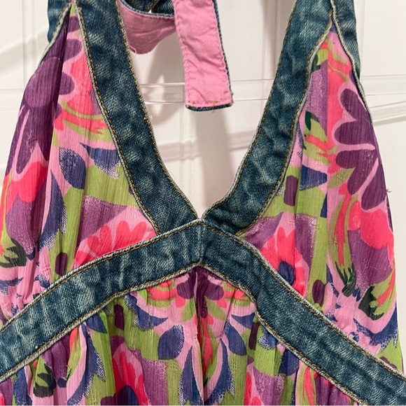 Y2K Pink and Green Floral and Denim Babydoll Halter Dress - Picture 2 of 9
